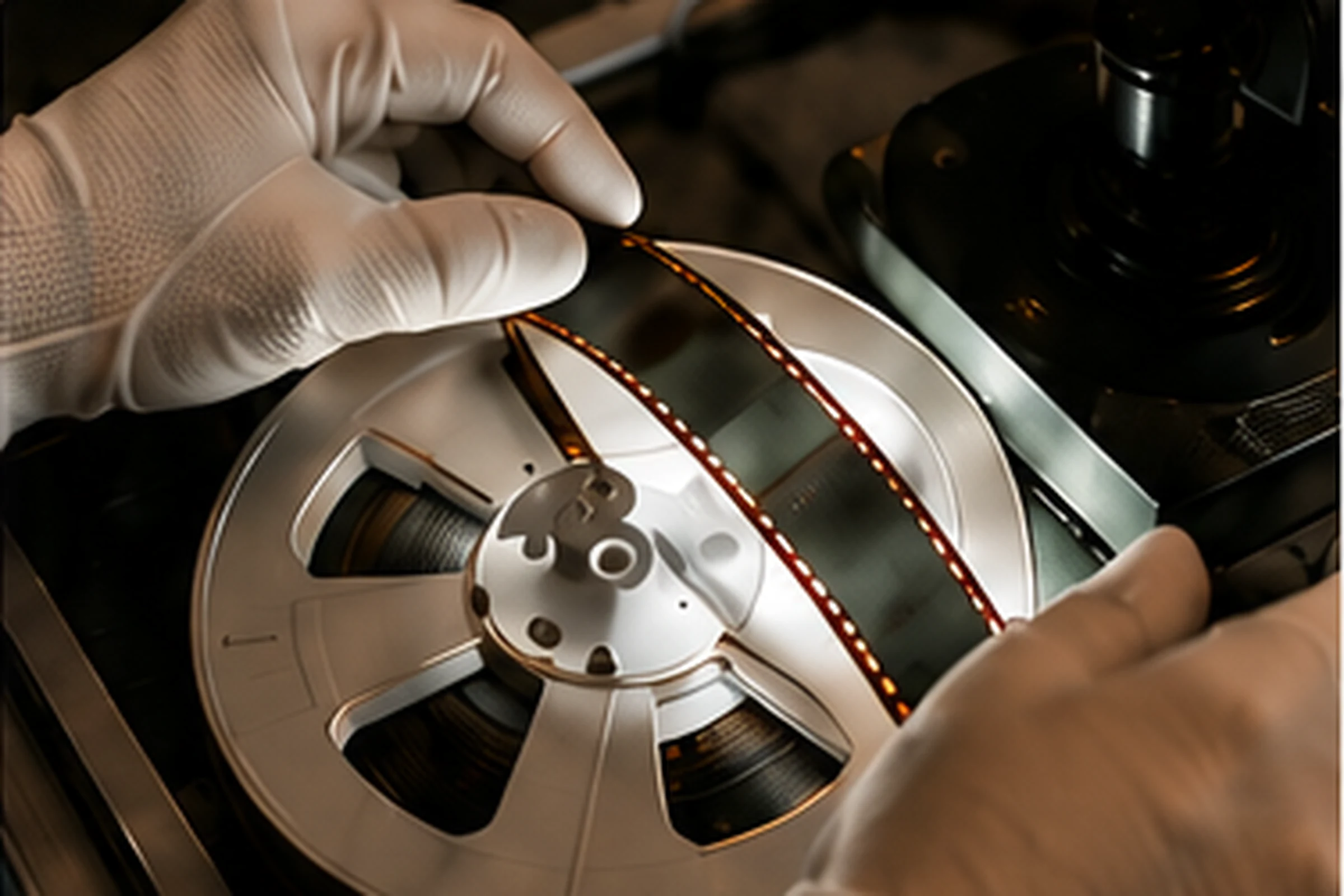Valkohansikkaiset kädet käsittelevät filmikelaa digitoinnin aikana.