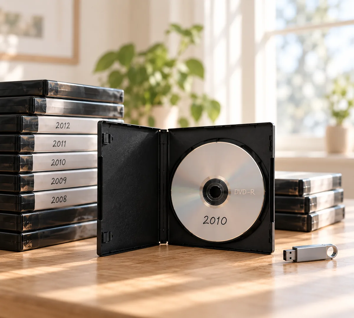 Avoin DVD-kotelo, jossa on kotona poltettu levy merkinnällä 2010, vieressä pino vuosiluvuilla merkittyjä DVD-koteloita ja USB-muisti